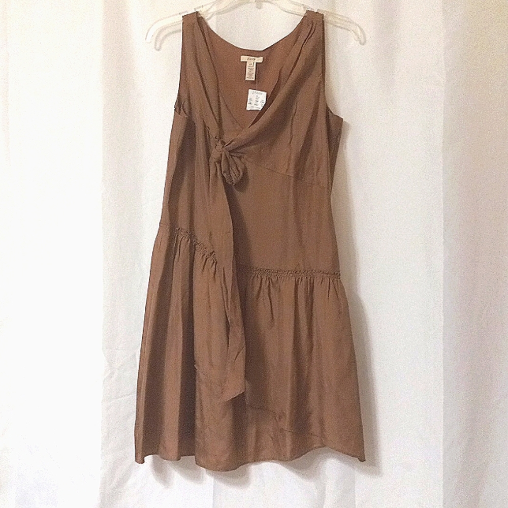 NWT J. Crew Silk Brown Dress Sleeveless Tie/Bow Lined 6P Side Zip Gathers